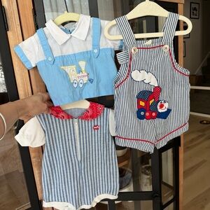 BUNDLE Vintage 70s 80s Baby Boy Train embroidered Railroad Theme Romper jon jon
